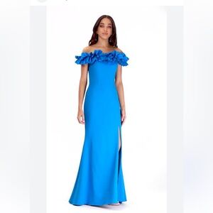 XSCAPE Ruffled Off the-Shoulder Blue Evening Gown. Elegant design, stunning.